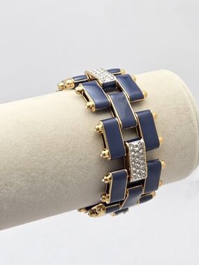 Juicy Couture Navy Blue Enamel Rhinestone Link Bracelet Gold Tone Wide 7"